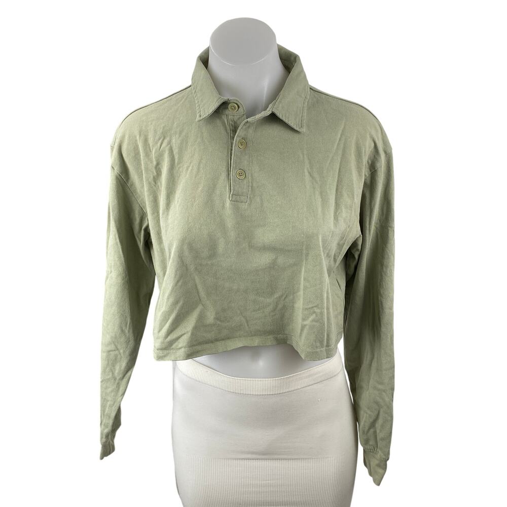 Aritzia Sunday Best Women's Green Long Sleeve Polo Cropped Shirt Top Size S